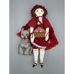Vintage Cut & Sew Little Red Riding Hood & Wolf Fabric Ragdoll 13” Stuffed Doll